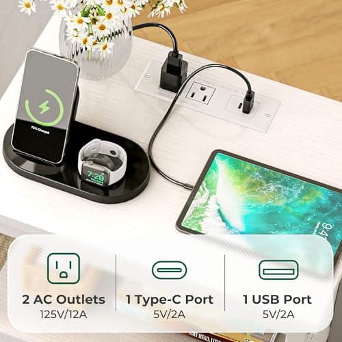 Huuger Nightstand with Charging Station, Side Table with 2 Fabric Drawers, End Table with Open Shelf, Bedside Table with USB-C Port and Outlets, Night Stand, PU Leather, White 5