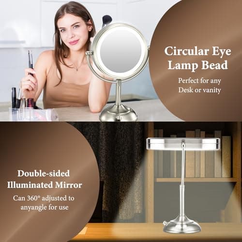 Professional 8.5" Large Lighted Makeup Mirror with Brighter Lights, 1X/10X True HD Magnifying Mirror with 3 Color Dimmable Lights, 90 Shadowless LEDs, 360°Swivel Seamless Vanity Mirror, Pearl Nickel 7