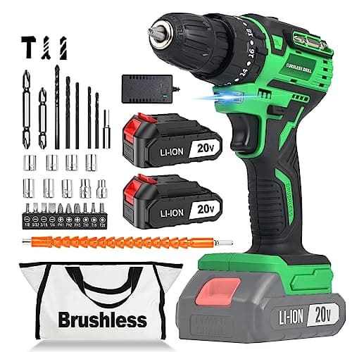 Tegatok Cordless Brushless Drill, Cordless Drill Set with Charger and 2 X 2.0AH Li-ion Batteries, Power drill with 400 In-lbs Torque, 2 Variable Speeds and Safety Lock