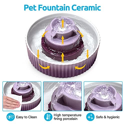 VinDox 2.1L Ceramic Cat Water Fountain-for Cats and Dogs, 360 Ceramic Pet Fountain-70 Oz Large Water Capacity - Whisper-Quiet Water Flow-Great for Shy or Timid Pets - Fresh, Filtered Water(Purple) 2