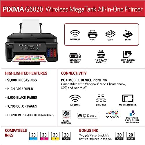 Canon PIXMA G6020 All-in-One Supertank Wireless (Megatank) Printer, Copier and Scan with Mobile Printing, Black, Works with Alexa 6