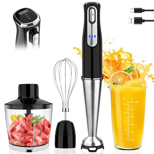 Cordless Immersion Blender Handheld, Rechargeable 4 In 1 Electric Hand Blender Stick Blender Variable Speed with Chopper, Beaker, Whisk, Stainless Steel Blade for Soup, Baby Food, Smoothies