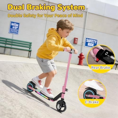 SIMATE Electric Scooter for Kids, Motorized E-Scooters with Colorful Front Light and Pedal Lights, LED Display & Foldable, Dual Braking System, Top 8.7mph & 5 Miles, Gifts for Kids, Girls, Boys, Teens 5