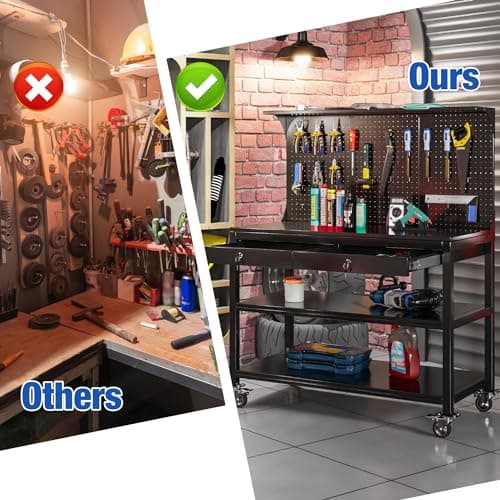 NICOMOW Workbench with Drawers,Heavy-Duty Steel Garage Workbench with Pegboard Shelves,Tool Bench with Wheels for Garage, Home, Workshop, Auto Shop, Basement,Black 6
