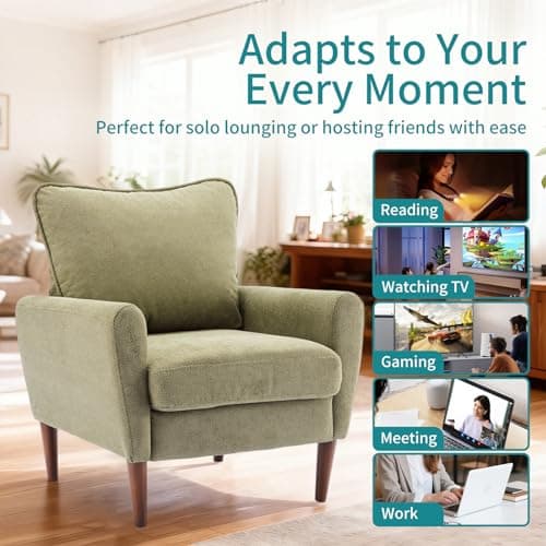 OLIXIS Comfy Accent Chair for Living Room Bedroom and Waiting Room, Upholstered Mid-Century Reading Chair with Pillow and Solid Wood Legs, Wide Singe Modern Lounge Sofa (Green) 6