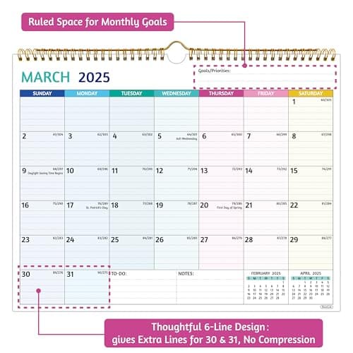 2025-2026 Wall Calendar - Mar 2025 – Aug 2026, 18 Months Calendar 2025-2026, 14.57 x 11.42 In, 2025 Calendar, Monthly Calendar with Ruled Blocks, Thick Paper, Holidays, To-do ＆ Notes 5