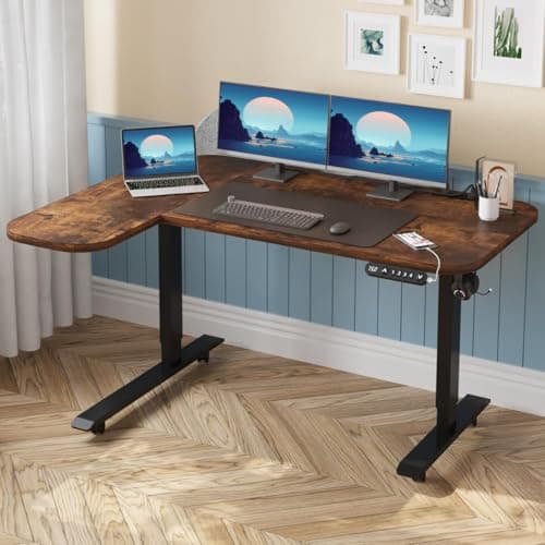 BUNOEM L-Shaped 59" Height Adjustable Electric Standing Desk, Sit and Stand Up Home Office Computer Desk with Splice Board (Rustic Brown Top, Black Frame)