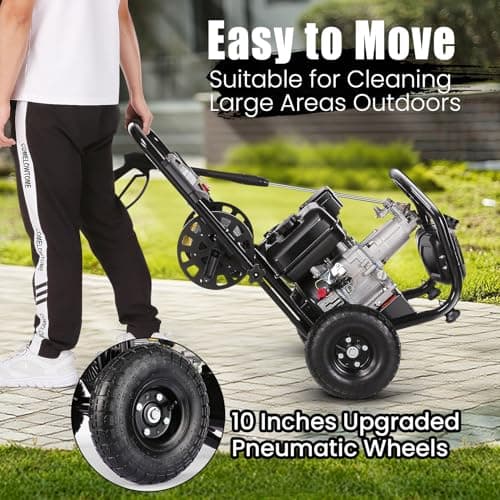 Professional 4200PSI 4GPM 212CC Gas Pressure Washer, 10" Wheels 7HP Commercial Gas Power Washer with 3L Foam Bottle 5 Nozzles 33FT Hose for Home Car Fence Driveway (EPA/CARB/ETL Compliant)，77LBS 5