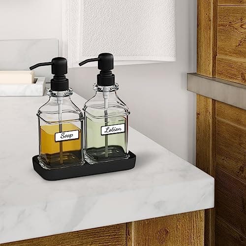 LMQML Soap Dispenser - 2 Pack, Antique Design Thick Glass Hand Soap Dispensers with Sturdy Tray; 304 Rust Proof Stainless Steel Black Pump, 12Pcs Stickers, for Kitchen, Bathroom 8