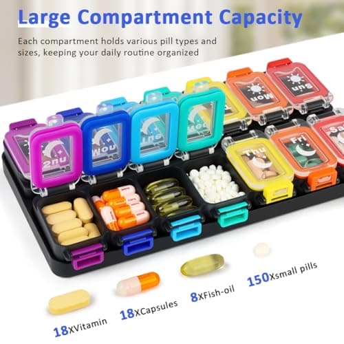 Shintop Weekly Pill Organizer 2 Times a Day, Moisture-Proof Large Vitamin Box 7 Day Secure-Locking Medicine Case with Detachable Rows for Home & Travel (Rainbow) 6