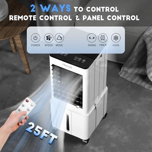 Portable Air Conditioner, 3-IN-1 Evaporative Air Cooler w/3.2Gal Tank, 4 Modes & 3 Speeds, 12H Timer, 6 Ice Packs, Remote Control, Windowless Swamp Cooler for Bedroom,Home,No Hose Needed 7
