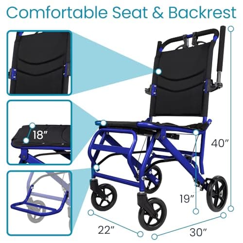 Vive Ultra-Lightweight Transport Wheelchair for Small Adults, Seniors - Foldable, Portable Transfer Wheel Chair for Easy Travel - Narrow, Light Weight, Folding, Collapsible (Blue) 5