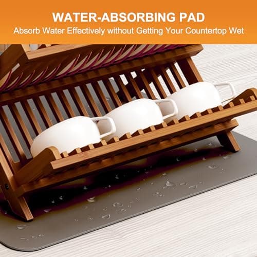 Greenual Teak Dish Drying Rack with Utensil Holder, 3 Tier Collapsible Dish Rack, Wooden Dish Racks for Kitchen Counter, Large Folding Drying Holder with Absorbent Dish Drying Mat 6