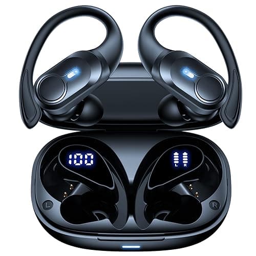 BOLOXA Noise Cancelling Ear Buds Wireless Earbuds Bluetooth Headphones 96Hrs Playback LED Display Over-Ear Waterproof Earphones with Earhooks Mics Clear Call for Sport Running Workout Black