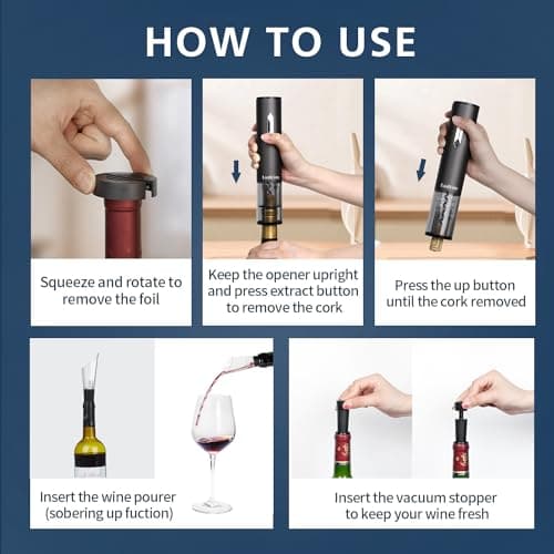 5-in-1 Electric Wine Opener Set with Foil Cutter, Automatic Batter Powered Corkscrew Kit Includes Wine Aerator Pourer & 2 Vacuum Stoppers, Foil Cutter, Ultimate Cordless Wine Bottle Opener Gift Set 5
