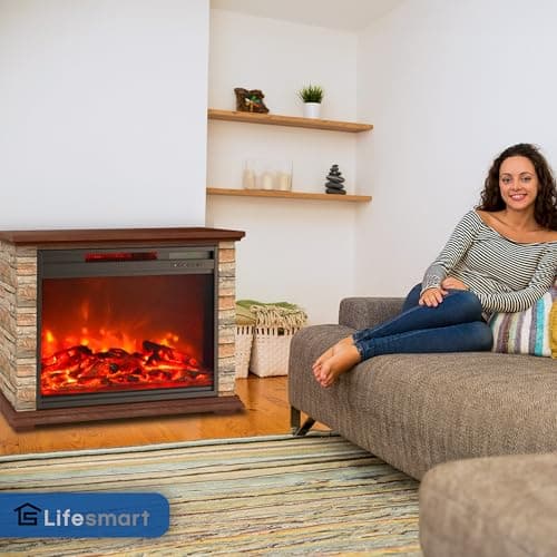LifeSmart Electric Fireplace Heater w/ 3 Heating Elements, 1500W, Faux Stone & Oak Wood - Mounted Indoor Infrared Heater for Home, Bedroom, and Living Room 6
