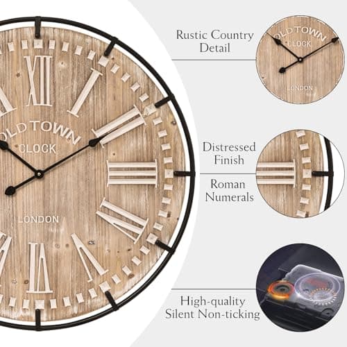 EMAX HOME Large Wall Clock –30 Inch Farmhouse Clock -Extra Large 30 Inch Wood and Metal Wall Clock, Silent and Battery Operated for Living Room, Kitchen and Office Decor 7