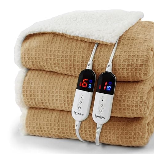 blunique Heated Blanket Electric Blanket Queen Waffle, 84x90 Inches Dual Controllers Sherpa Fleece Fast Heating Blanket 6 Heating Levels & 10 Hours Auto Off ETL Certification, Caramel Queen