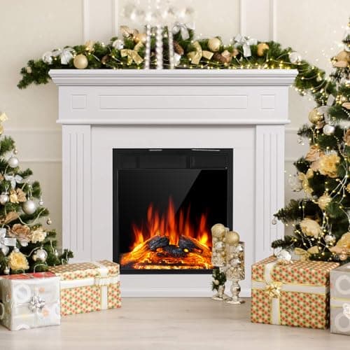 JAMFLY Electric Fireplace Mantel Package Wooden Surround Firebox TV Stand Free Standing Electric Fireplace Heater with Logs, Adjustable Led Flame, Remote Control, 750W-1500W, Lvory White 6