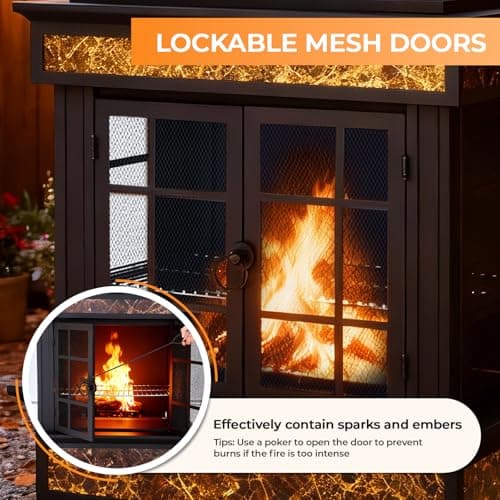 EROMMY 57" Outdoor Fireplace, Tile Finish Wood Burning Steel Fire Pit with Removable Ash Pan & Grate, Chimney, Fire Poker, Rain Cover, Idea for Backyard, Patio, Party 5