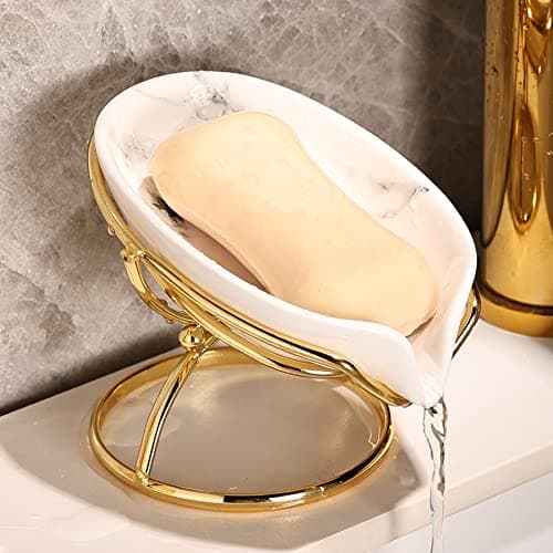 Dobbyby Leaf-Shaped Ceramic Soap Dish with Drain, Holder, Saver, Tray, Bar Soap Holder, Easy Cleaning, for Shower Bathroom Kitchen Sink Bathtub, Pro-Environment White