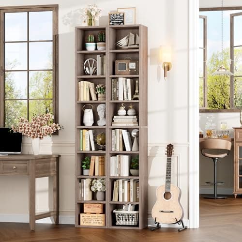 FOTOSOK 8-Tier Media Tower Rack, 11.6 X 9.3 X 70.9 Inches CD DVD Slim Storage Cabinet with Adjustable Shelves, Tall Narrow Bookcase Display Bookshelf for Home Office, Oak 5