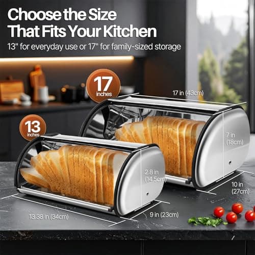 Flexzion Stainless Steel Bread Box For Kitchen Countertop (13 inch) Metal Roll Up Top Lid Storage Container Bin Keeper for Cake Buns Toasts Loaves Pastries Pancakes, Ideal for Restaurant Home Kitchen 7