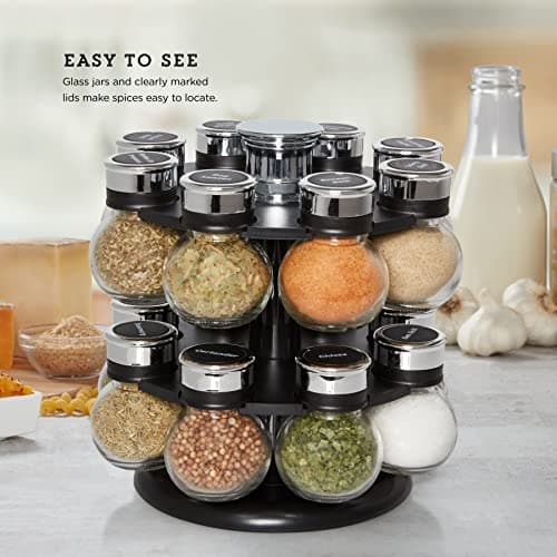 Kamenstein 16 Jar Ellington Revolving Countertop Spice Rack with Lift & Pour Caps and Spices Included, FREE Spice Refills for 5 Years: Black and Chrome 5