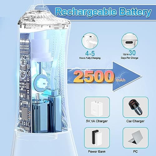 H2ofloss Water Dental Flosser for Teeth Cordless,300ML Portable & IPX7 Waterproof Teeth Cleaner Picks,5 Modes Rechargeable Oral Irrigator with Refilled Nozzle for Home/Travel 5