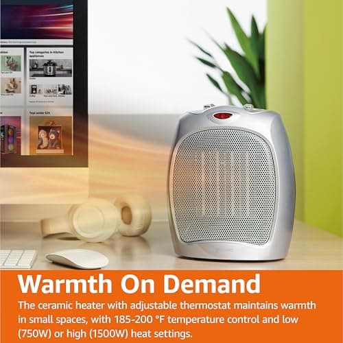 Amazon Basics Ceramic Space Heater, Portable Indoor Heating Solution, With Overheat and Tip-Over Protection, Thermostat, Non-Oscillating, 1500W, Fast Heating, 7.52"D x 6.34"W x 9.45"H, Silver 6