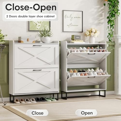 Maupvit Shoe Cabinet with 2 Flip Drawers, Freestanding Shoe Cabinet Organizer with Metal Legs, Shoes Storage Cabinet for Entryway, Narrow Shoe Rack Cabinet, White 5