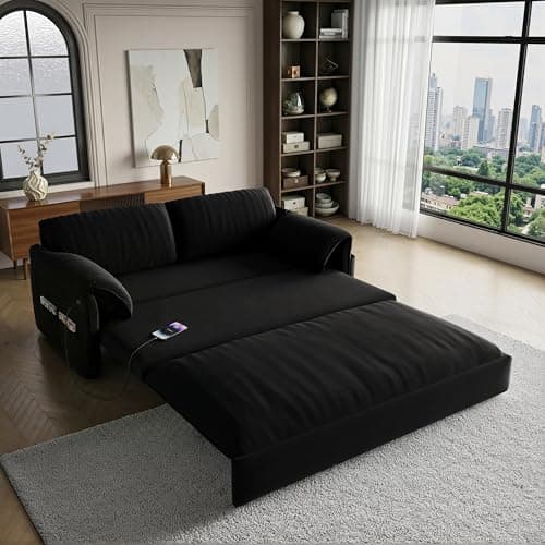 Queen Pull Out Futon Sofa Bed with USB Ports, 3-in-1 Modern Convertible Sleeper Sofa with Side Pocket ＆ Rivets, Comfy Corduroy Loveseat Couch for Living Room Bedroom Apartment (Black Velvet)