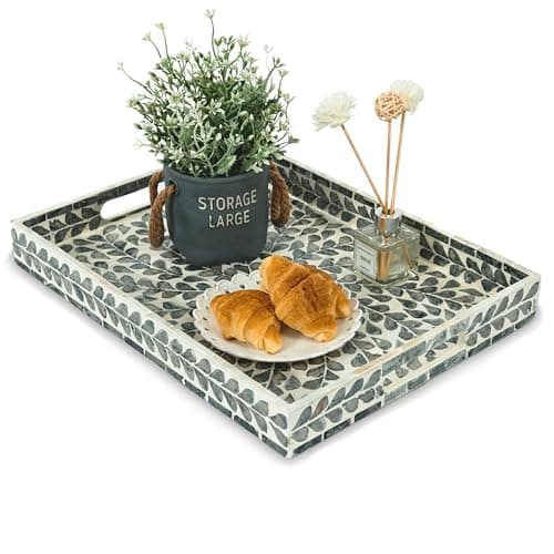 CLAYNIX Serving Tray 15.7" X11.8", Lacquer Mother of Pearl Inlay Mosaic Tray, Rectangle Wooden Marble Tray with Handles Trays for Tea, Breakfast in Bed, Table (Black Leaf)