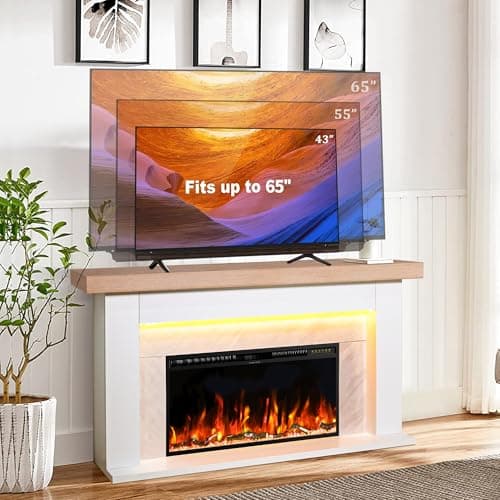 Weyderk 62" Freestanding Electric Fireplace Mantel - Replaceable 36" Heater Insert, 1500W Realistic 3D Flame Effect & 15 LED Colors, Remote Control & Timer, Gary Marble Finish (Living Room/Bedroom) 5
