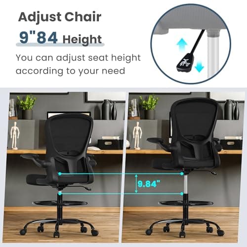 Drafting Chair, Tall Office Chair with Flip-up Armrests Executive Ergonomic Computer Standing Desk Chair, Office Drafting Chair with Lumbar Support and Adjustable Footrest Ring 6