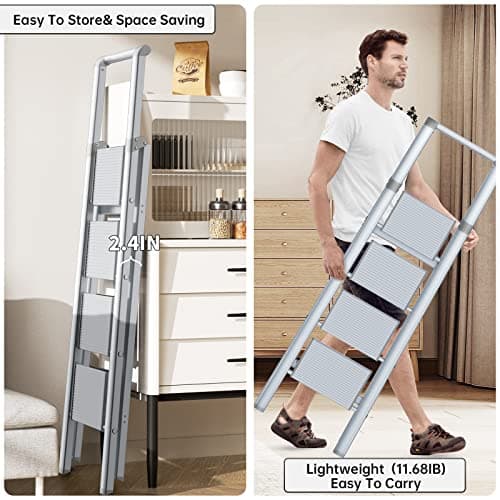 Step Ladder Folding Step Stool - Lightweight Aluminium Ladders W/Anti-Slip Wide Pedal&Handle for Adults&Seniors, Perfect for Home Kitchen Garden Safety Decorative Ladder, Silver 5