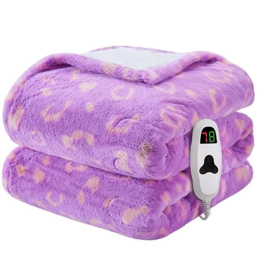 RUJIPO Leopard Print Heated Electric Blanket Twin,62X84 Purple Heating Blanket with 10 Heats Levels & 8 Hours Auto Off,Cute Cheetah Decor Sherpa Blankets Warmer Gifts for Women Couch Office,Washable 9