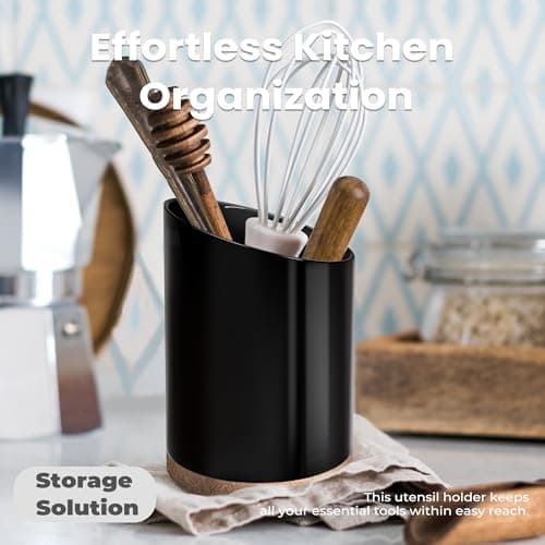 KITEISCAT Large Ceramic Utensil Holder for Kitchen Counter, Modern Crock with Slanted Top & Cork Mat, for Spatulas & Cooking Spoons, Black 5