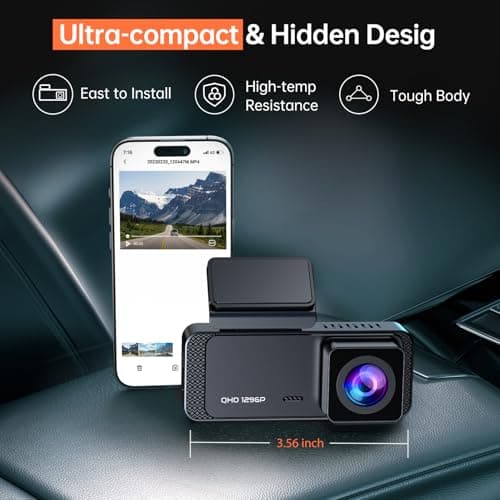 Dash Cam 1296P Front Dashcam, V300 WiFi Dash Camera for Cars with App, Night Vision, Mini Hidden Single Car Camera, Loop Recording, 24H Parking Mode, Support 256GB Max, Black 8