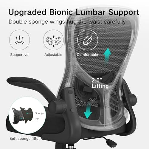 Hbada Office Chair Ergonomic Desk Chair, Office Chairs with PU Silent Wheels, Breathable Mesh Computer Chair with Adjustable Lumbar Support, Flip-up Armrests, Tilt Function, Black 7