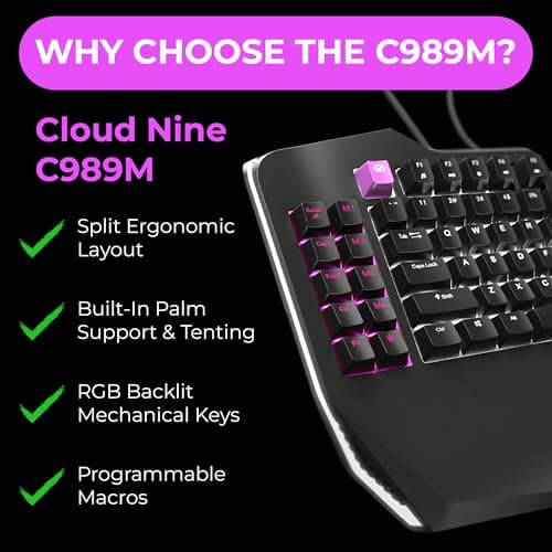 Cloud Nine C989 Ergonomic Mechanical Keyboard for PC - Kailh Linear Red Switches - RGB Light Up LED Backlit with USB - Ergo Split Key Board with Macro 9