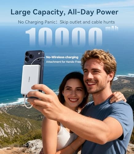 TORRAS Power Bank with Built-in USB-C Cable (No-Wireless), Ultra-Slim 10,000mAh Portable Charger USB C, 22.5W Fast Charging Battery Pack for iPhone 17/16/15 Series, Phone air, Galaxy, Pixel, White 3