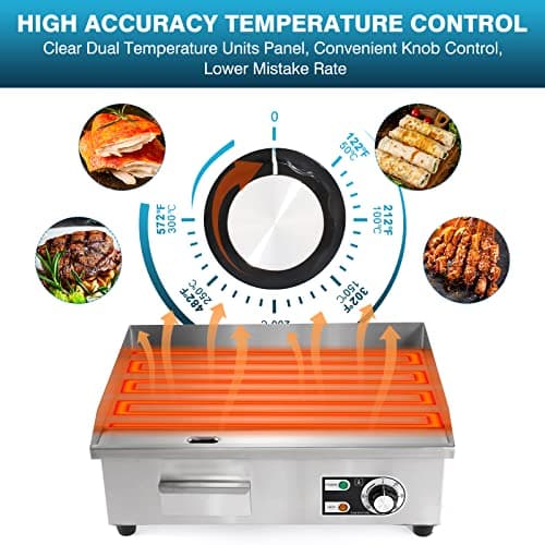 IRONWALLS Commercial Electric Griddle 22”, 3000W Electric Flat Top Griddle Grill Indoor with 122~572℉ Adjustable Temperature Control, Non-stick Stainless Steel Teppanyaki Grill for Restaurant, Hotel 5