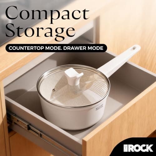 THE ROCK SOHO Ceramic Nonstick Saucepan with Lid, 1.9 Quart Non Toxic Small Pot with PPG Fusion Pro Coating–Nothing Sticks, Never Warps, Lasts Longer, Induction Compatible, PTFE, PFOA&PFAS Free, Cream 8