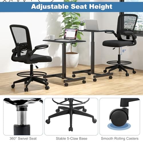 POWERSTONE Drafting Chair - Ergonomic Tall Office Chair for Standing Desk with 3IN Thick Cushion, Flip-up Arm, Adjustable Back Support & Footrest Workbench Rolling Stool Computer Chairs (Black 1 pcs) 7