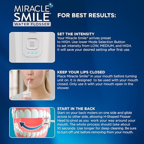 Ontel Miracle Smile Water Flosser for Teeth&Gum Health, Unique H-Shaped Flossing Head&4 Water Jets, Cordless Water Flosser Features 360° Cleaning&3 Pressure Modes, USB Rechargeable Dental Floss, White 5