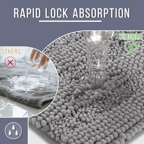 Yimobra Bathroom Rug Mat, Non Slip and Super Absorbent Bath Mat, Machine Washable Quick Dry, Ultra Plush Chenille Shower Rugs for Bathroom Floor Sink Tub and Shower Outside, Gray, 24 x 17 5