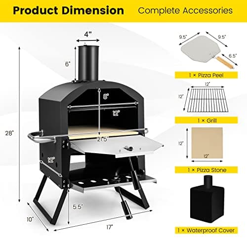Giantex Outdoor Pizza Oven Wood Fired, 2-Layer Pizza Maker with 12-Inch Pizza Stone, Pizza Peel, Removable Cooking Rack, Waterproof Cover, Folding Legs, Outside Pizza Ovens for Camping Backyard BBQ 6