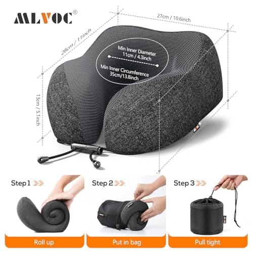 MLVOC Neck Pillow for Traveling, Upgraded 100% Pure Memory Foam Travel Neck Pillow for Airplane Flight Sleep, Breathable & Machine Washable Cover, Travel Kit with 3D Eye Mask, Earplugs & Bag, Black 7