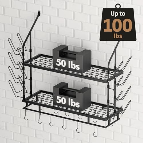 KES 30-Inch Pot Rack Wall Mounted with 8 Secure Lid Holders & 12 Sturdy Hooks, 2-Tier Kitchen Hanging Pot and Pan Organizer, Ample Storage for Tall Cookware, KUR215S75C-BK 3